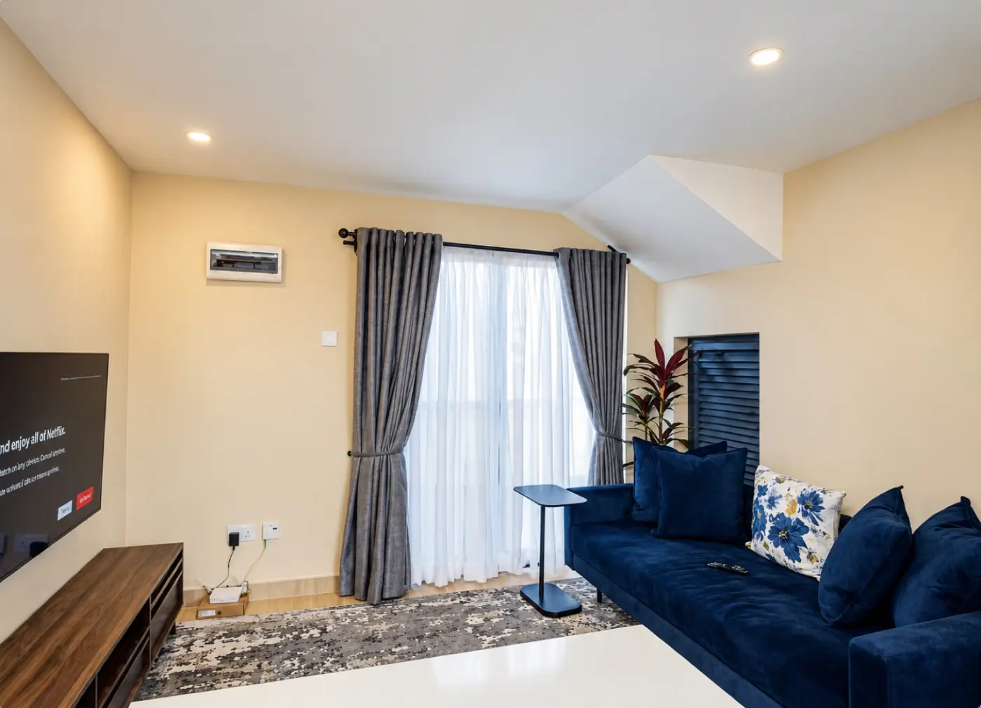 One-bedroom lounge with navy sofa